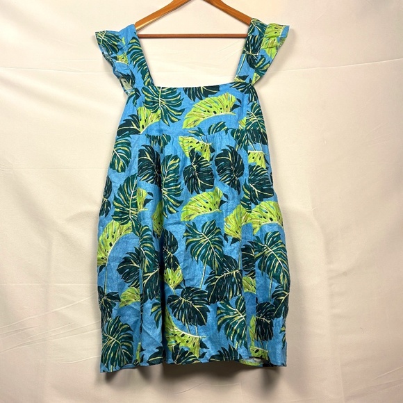 Draper James  Women Linen Midi Dress Blue Monstera XXL Babydoll Square Neck Y2K - Picture 1 of 12